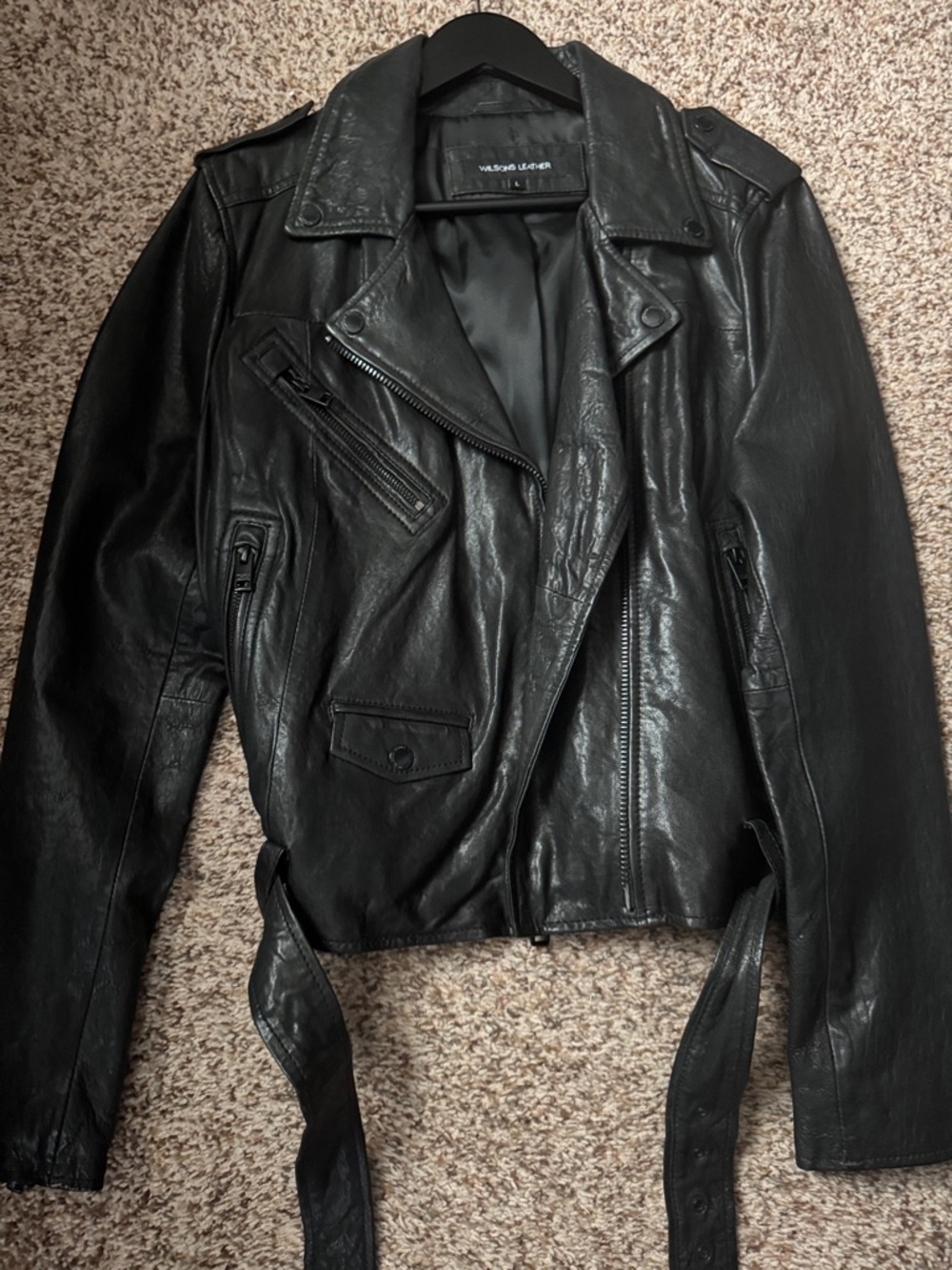 Wilson Black Leather Moto Jacket w belt beautiful and new Large 8/10